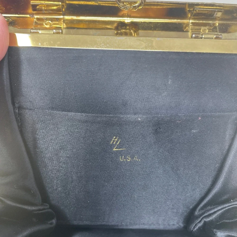 Vintage HL USA Black Satin Evening Bag Gold Frame Chain Shoulder Clutch Bag